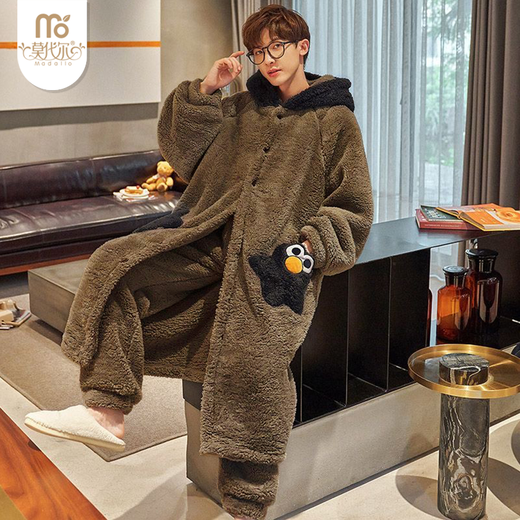 Модальные пижамы из кораллового флиса, мужские осенне-зимние новые плюс бархатные теплые пижамы, повседневный мультяшный комплект, можно носить вне дома.