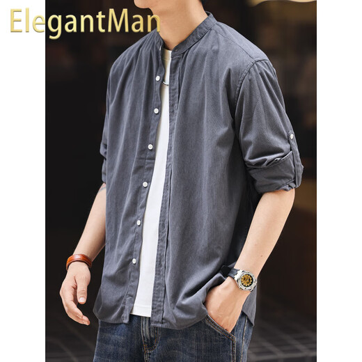 ElegantMan high-end vintage Henry collar long-sleeved shirt men's loose autumn new casual shirt jacket apricot XL_suitable for 150-170Jin Jin equals 0.5 kg