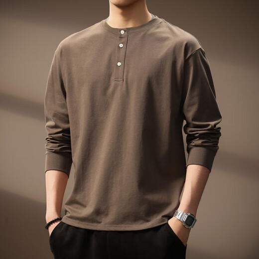 AX Armani broken code 2026 high-end simple solid color Henry collar long-sleeved shirt for men autumn loose heavyweight retro hit brown M suitable for 110-130Jin Jin is equal to 0.5 kg