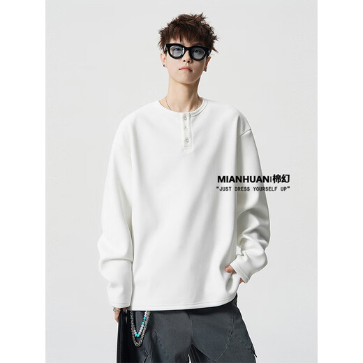 Cotton fantasy MIAN HUAN American high street heavyweight sweatshirt for men in autumn and winter, loose and trendy inner layering shirt for couples, Henry collar long-sleeved T-shirt, white XL