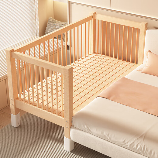 Yongdianfang solid wood children's bed spliced bed can be raised and lowered for babies to widen the bedside and heighten the guardrails for babies and adults can sleep on three sides (side lifting) + 6 cm latex brown cushion + embroidered bear 60 high bed 200x60cm