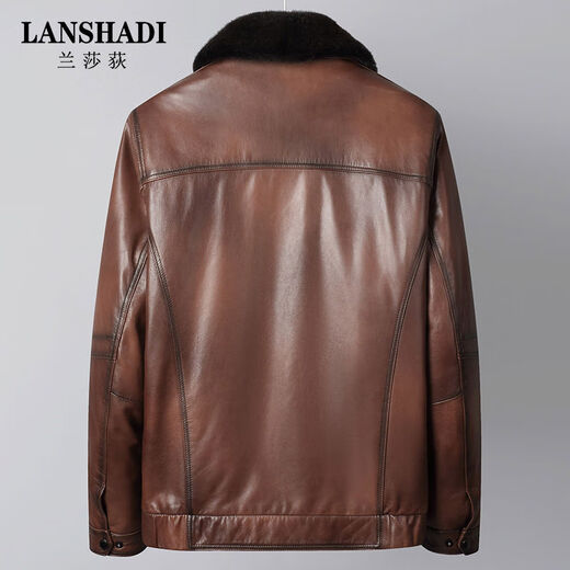 Lanshadi genuine leather jacket for men with first layer goatskin lapel Haining business men's short mink liner leather jacket brown L L