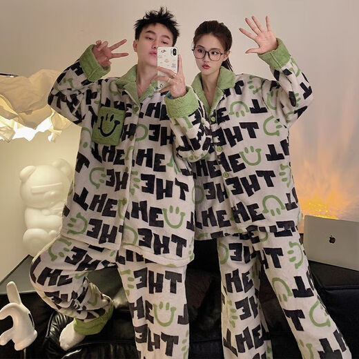 Victoria style couple autumn and winter coral pajamas for one man and one woman in winter new flannel home clothes plus velvet thickened suit 88600 - thickened flannel M female + male L