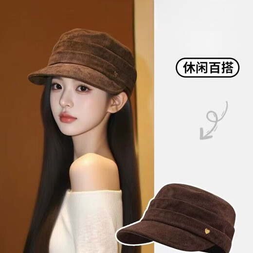 Miao Yijia Brown Hat Autumn and Winter Women's New Warm Equestrian Hat Flat Top Peaked Hat Fashionable Maillard Beret Love Mark Pleated Equestrian Hat Coffee Color