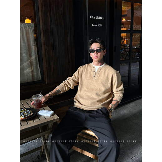 ROAR UTHAUG custom mother-of-pearl buckle old money style fake two-piece Henry collar sweater for men autumn and winter warm sweater black S