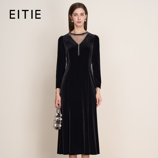 EITIE temperament and high-end banquet hollow beaded velvet fishtail dress 2025 winter new mother's wear 7977613 minimalist black 20 S (155)