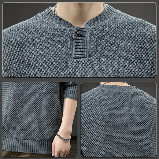 Le Xin Chao Autumn Trendy Japanese Retro Henley Collar Sweater Men's Pullover Loose Knitwear Autumn and Winter New Style Inner Sweater Floral Gray S (90-115Jin Jin is equal to 0.5kg)
