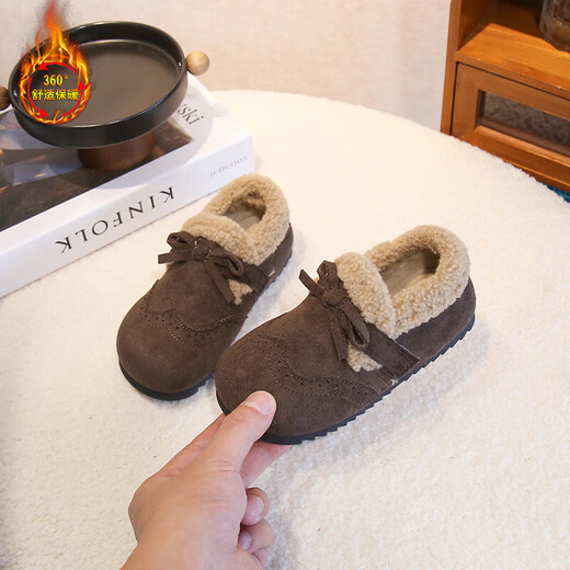 Girls' Birkenstock shoes, autumn and winter plus fleece shoes, 2025 new children's leather shoes, winter big children's cotton shoes, warm soft-soled winter shoes, coffee color, size 28, inner length 17.7cm