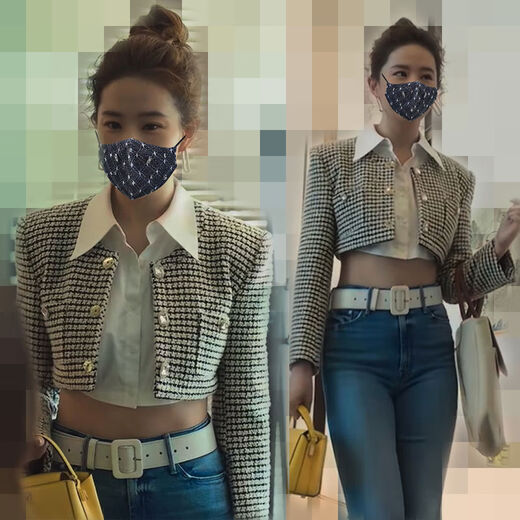 格子外套女短款玫瑰故事黄亦玫感纽扣长袖小香风外衣 衬衣 S S