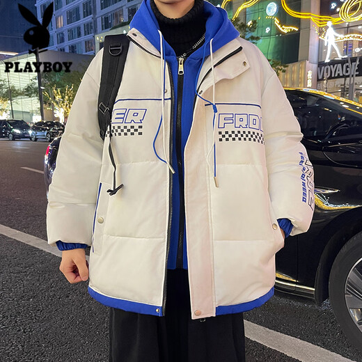 Playboy (PLAYBOY) Winter Trendy Brand Down Jacket Men's 2025 Thickened Spliced Cotton Jacket Student Hooded Warm Plush Fleece Jacket 767 Beige 3XL