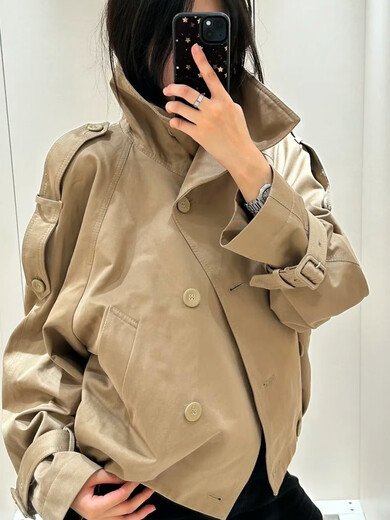 Acne Xiaohongshu hot style 2025 autumn and winter new designer brand retro fashionable double breasted short high collar khaki khaki ready in stock S one size fits all