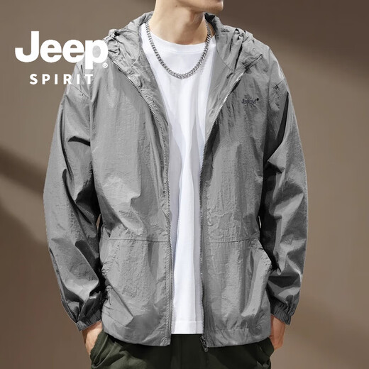 JEEP SPIRIT Jeep ice silk cool outdoor sun protection clothing men's summer thin fishing clothing hooded work jacket men's and women's tops light gray XL suitable for 145-165Jin Jin equals 0.5 kg