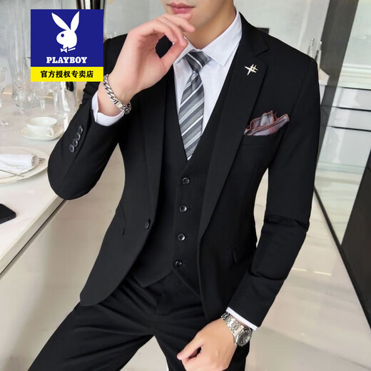 Playboy suit men's three-piece suit Korean version slim business formal casual small suit groom groomsman wedding dress 719/black two-piece suit + pants XL recommended 120-135Jin Jin equals 0.5 kg