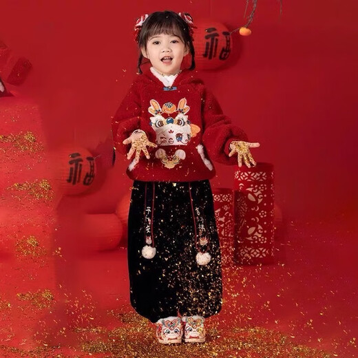 Boys and girls winter New Year's greetings suit 2025 new Year of the Snake plus velvet thickened sweatshirt festive performance suit two-piece set red suit 120 cm