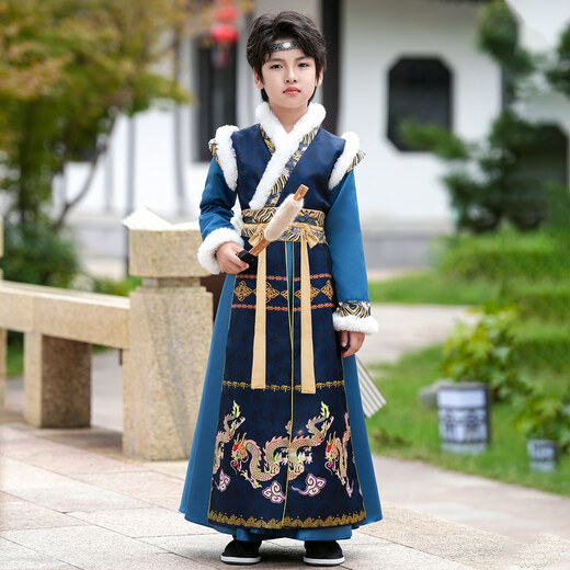 Anneyol Boys' Hanfu Autumn and Winter Chinese Style Ancient Costume Winter Children's Ancient Style Young Master Handsome Tang Suit Plus Velvet Blue 140