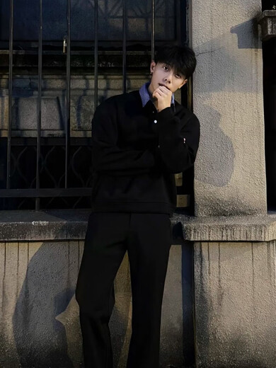 He Jiagong fake two-piece POLO shirt men's autumn old money style long-sleeved T-shirt cleanfit silhouette Henry collar sweatshirt black Noveli M