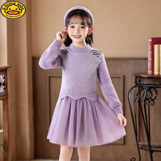 G.duck Girls Sweater Dress 2025 Autumn and Winter New Children's Princess Skirt Velvet Thickened Little Girls Knitted Dress Violet 120 cm Recommended 110-120cm Age 5-6 years old