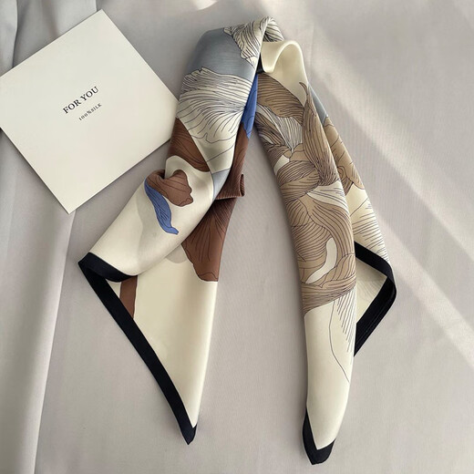 Elegant, intellectual and beautiful printed beige silk square scarf for women with mulberry silk hair tie scarf and hair tie scarf blue_ready in stock