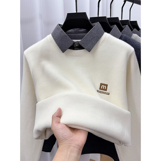 Playboy (PLAYBOY) one-piece velvet shirt collar fake two-piece warm sweater for men plus velvet and thickened 2025 winter new style knitted bottoming shirt light gray L 120Jin Jin is equal to 0.5kg -135Jin Jin is equal to 0.5kg