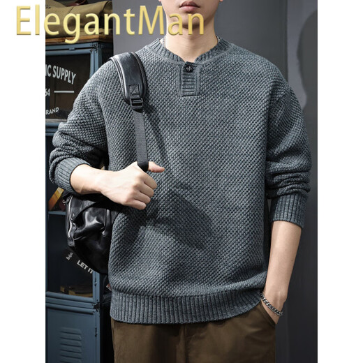 ElegantMan Autumn Trendy Japanese Retro Henley Collar Sweater Men's Pullover Loose Knitwear Autumn and Winter New Style Inner Sweater Floral Gray S _Suitable Weight 90-115Jin Jin is equal to 0.5 kg