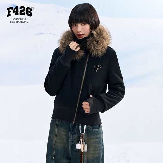 F426 super nice winter new short cotton jacket with detachable fur collar and diagonal placket cotton jacket, black S