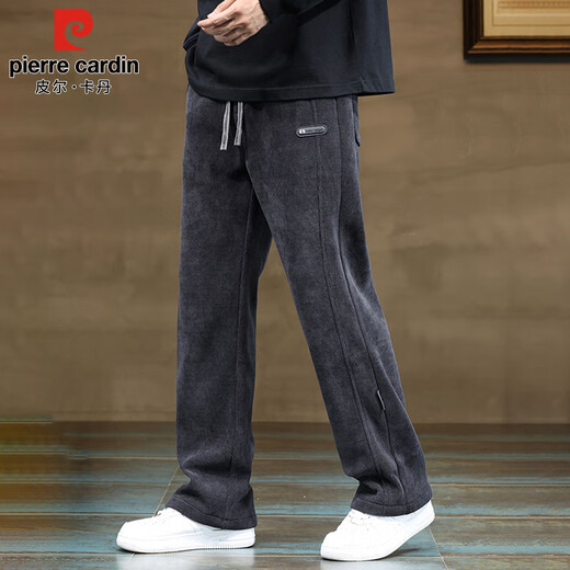 Pierre Cardin casual pants men's autumn and winter loose velvet thickened sports pants corduroy wide-leg trousers gray 3XL
