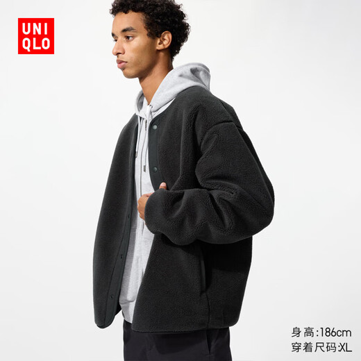 Uniqlo men's windproof imitation sherpa polar fleece cardigan/long-sleeved jacket 25 autumn and winter new style 481183 08 dark gray L /175/100A