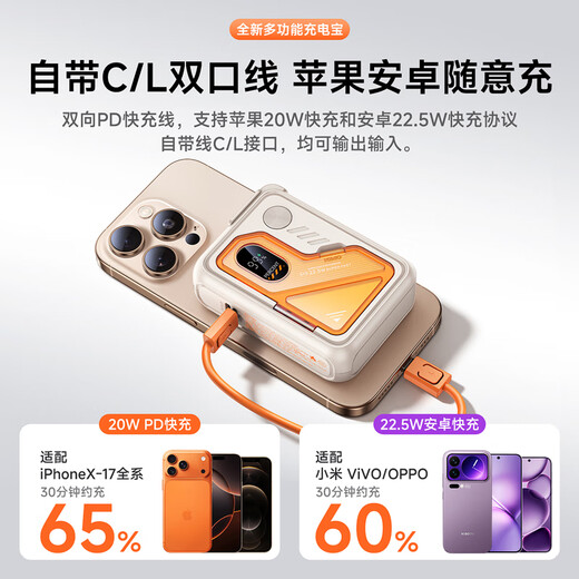 IMEV 3C certified, can be used on airplanes, magnetic power bank 20,000 mAh, comes with plug, Magsafe fast charging, comes with cord, large-capacity mobile power supply, five-in-one, suitable for Apple, 20,000 mAh, magnetic + AC plug + comes with cord, beige orange
