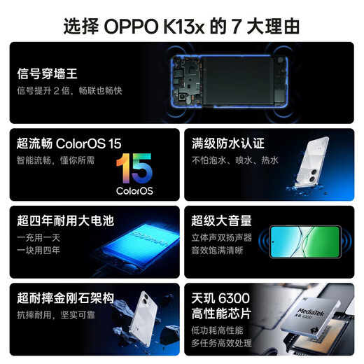 OPPOK13x signal wall penetration king super smooth ColorOS 15 IP69 dustproof and waterproof 5G student smart brand new mobile phone MC31A black 6GB+128GB