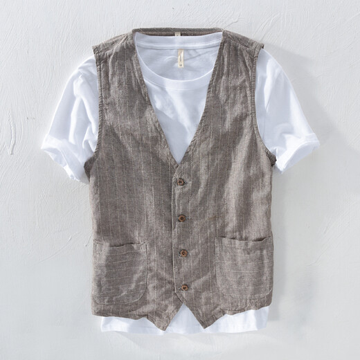 Jima British casual linen vest men's thin business vest professional vest cotton linen sleeveless formal wear Khaki XL (140-160Jin [Jin equals about 0.5 kg])