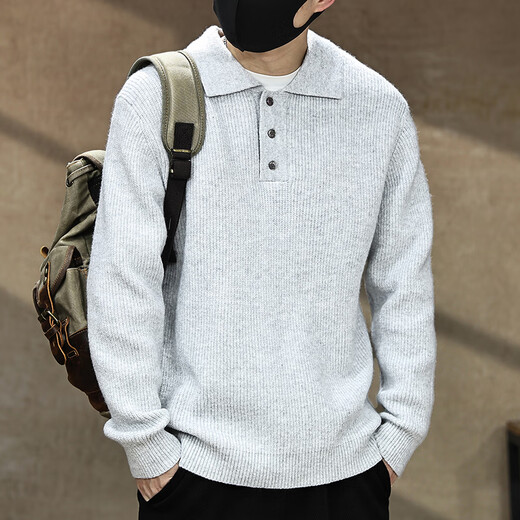 Gu Xiansen American button lapel sweater for men in autumn and winter new POLO Henry collar bottoming shirt thickened knitted sweater for men Khaki L 130-145Jin Jin is equal to 0.5 kg