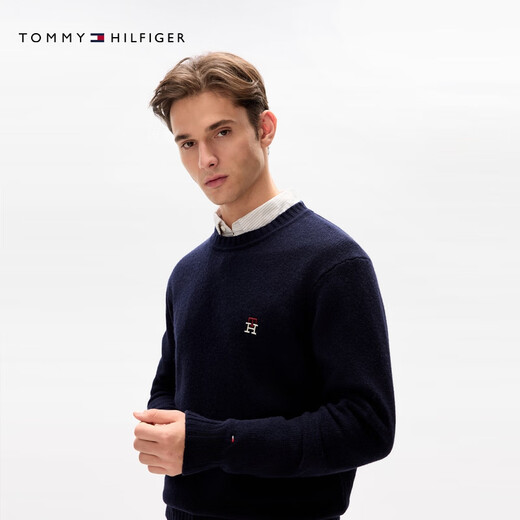 Tommy Hilfiger Autumn and Winter Men's Wool Blended Casual Commuting Embroidery Loose Round Neck Bottoming Knit Sweater Navy Blue ABS L (Recommended 150-165Jin Jin equals 0.5kg)