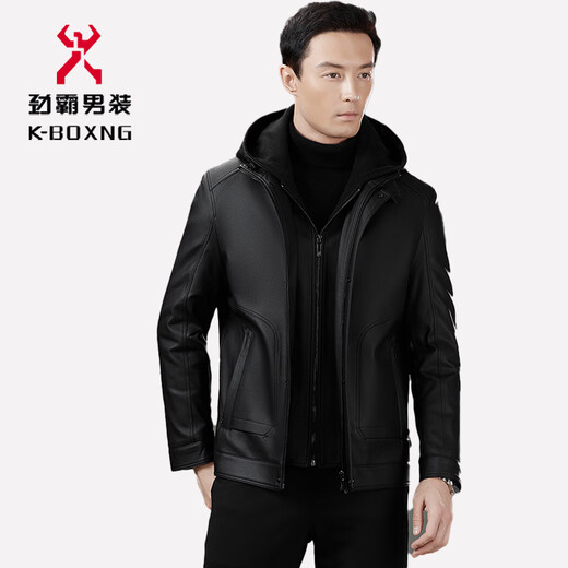 KBXNG Jinba men's leather jacket 2025 winter men's casual middle-aged hooded warm coat jacket brown 6678-K M 170