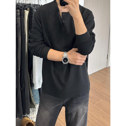 Yaochao spring and autumn Henry collar long-sleeved T-shirt men's versatile loose retro T-shirt casual sports top tee black fabric M 90-110Jin Jin equals 0.5 kg