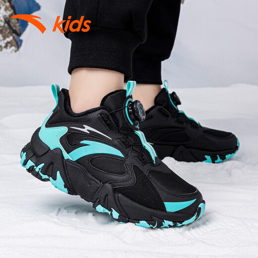 ANTA (ANTA) children's shoes, boys' shoes, sports shoes, warm plus velvet cotton shoes, autumn non-slip outdoor leisure sports snow boots for middle and large children, black/fluorescent aqua-4 35