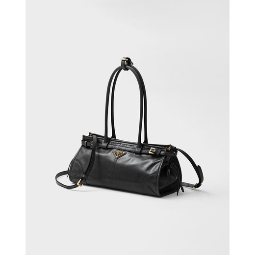 PRADA Bonnie women's black calfskin metal triangle logo handbag 1BA426_2CYR_F0002_V_MOO 1BA426_2CYR_F0002_V_MOO