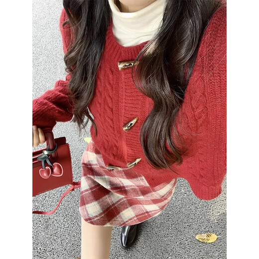 Hao'e lazy style red sweater cardigan coat for women autumn and winter Korean atmosphere knitted top for inner and outer wear knitted sweater jacket red one size fits all