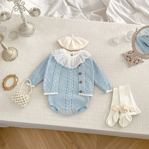 Wujiang Miaopin Baby Onesie, Cute and Super Cute overalls, bag and fart suit for baby girl, knitted cable-knitted sweater, blue cable-knitted jacket, 66cm 66cm* about 1-4 months, 10-14Jin Jin is equal to 0.5kg