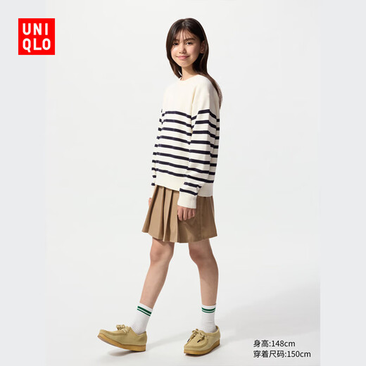 Uniqlo children's clothing boys and girls ribbed crew neck sweater long-sleeved striped sweater sweater new style 481483 01 milky white 150