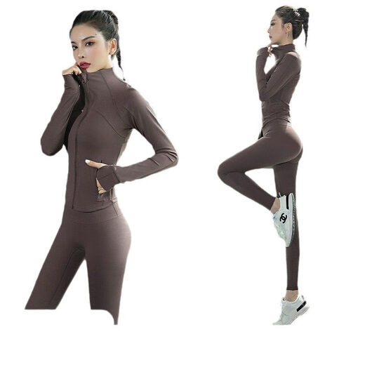 Fitness jacket for women in autumn and winter, tight-fitting quick-drying top, long-sleeved running sports Pilates yoga suit, coffee color S
