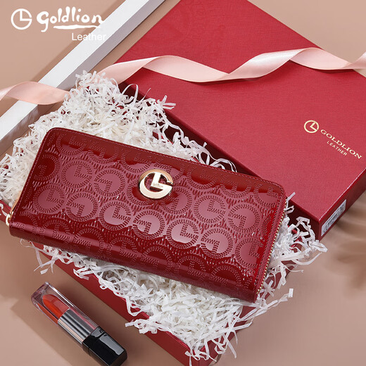 Goldlion handbag women's long wallet fashion glossy leather wallet multi-functional women's zipper cowhide clutch mother bag [Purple] exquisite gift box