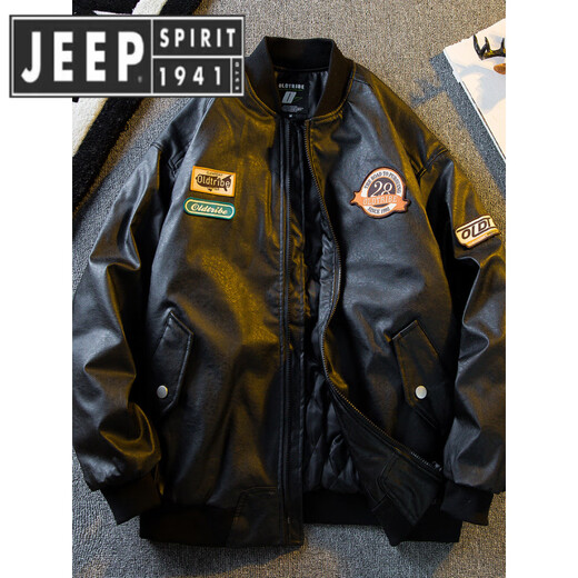 JEEP SPIRIT Jeep American fashion brand PU leather motorcycle cotton jacket men's winter thickened warm baseball jacket cotton jacket black M (100-130Jin Jin equals 0.5 kg)