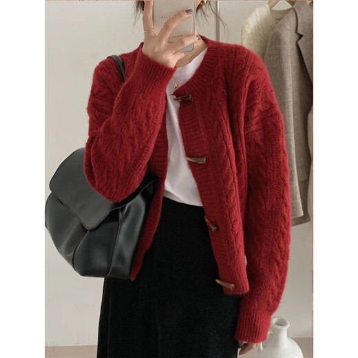 Hao'e lazy style red sweater cardigan coat for women autumn and winter Korean atmosphere knitted top for inner and outer wear knitted sweater jacket red one size fits all