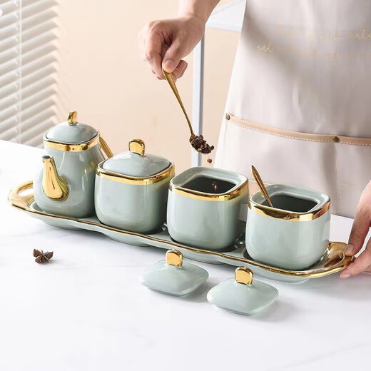 Seasoning jar set combination household Nordic light luxury seasoning box storage jar salt MSG ceramic jar kitchen storage rack emerald-set (3 jars + 1 tray + 3 spoons)