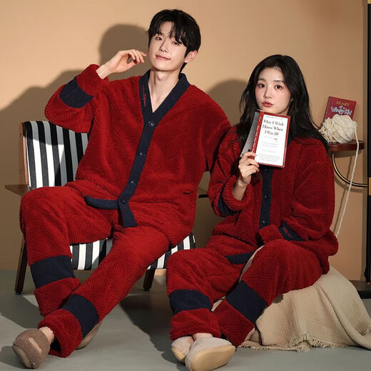 Victoria style couple pajamas winter coral velvet warm and thickened casual sweet flannel home clothes men and women outer wear suit XH9040 M women