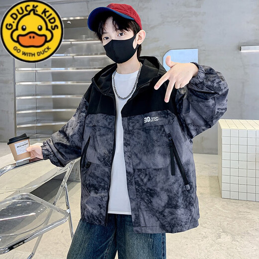 G.DUCKKIDS Boys' Spring and Autumn Jackets 2025 New Children's Jacket Tops Medium and Large Children's Windproof Tops Boys Internet Celebrity Style Stitching Camouflage Black 160 cm