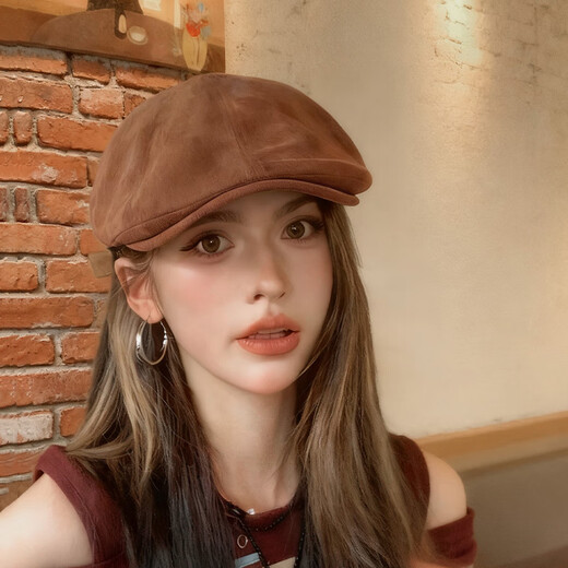 Xuanyan retro Japanese progressive hat women's British style all-match beret big head circumference backward duck bill newsboy hat beret dark brown