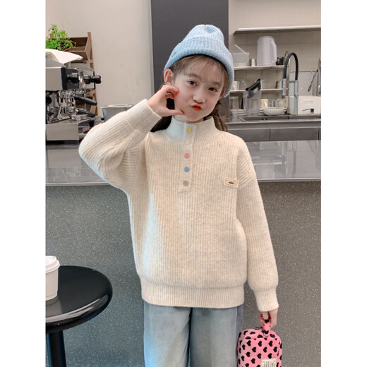 G.duck Girls' Sweater Autumn and Winter 2025 New Style Children's Sweater Big Children's Winter Sweater One-piece Velvet Thickened Khaki 160 cm
