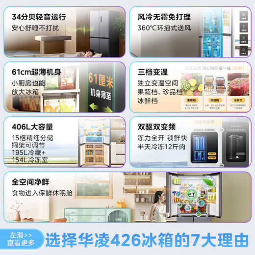 Hualing Refrigerator produced by Midea, cross four-door, double-door, side-by-side door, first-class energy efficiency, air-cooled, frost-free, double frequency conversion, large-capacity household refrigerator 426 ultra-thin body, 61cm ultra-thin, does not take up space HR-426WSP, titanium steel gray