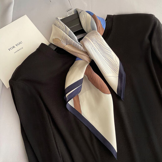 Elegant, intellectual and beautiful printed beige silk square scarf for women with mulberry silk hair tie scarf and hair tie scarf blue_ready in stock